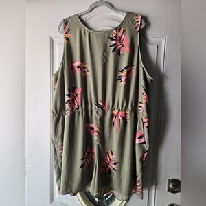 A New‎ Day Plus Floral Sleeveless Romper - Olive Green and Pink